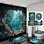 4pcs Shark Ocean Bathroom Set Shower Curtain 71x71 Inch Toilet Lid Cover U-Shape Mat - Underwater Cave Beach Theme Bath Decor for Kids Adults | Nuvia Haven