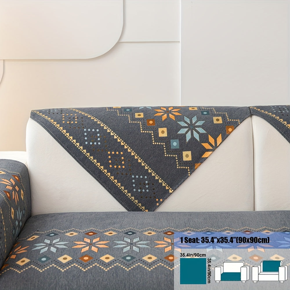 Embroidered Chenille Sofa Slipcover Bohemian Geometric Floral Pattern | Non-Slip Machine Washable Couch Cover for 1-2-3-4 Seater with Armrest & Pillow Cover Options, 6 Colors