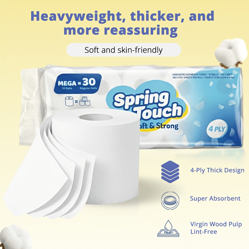 4-Ply Ultra-Soft Toilet Paper Bulk Rolls - Virgin Wood Pulp, Thick & Strong, No Flakes, Gentle on Skin, 10 / 20 / 30 Roll Packs for Home, Office & Hotel Bathrooms