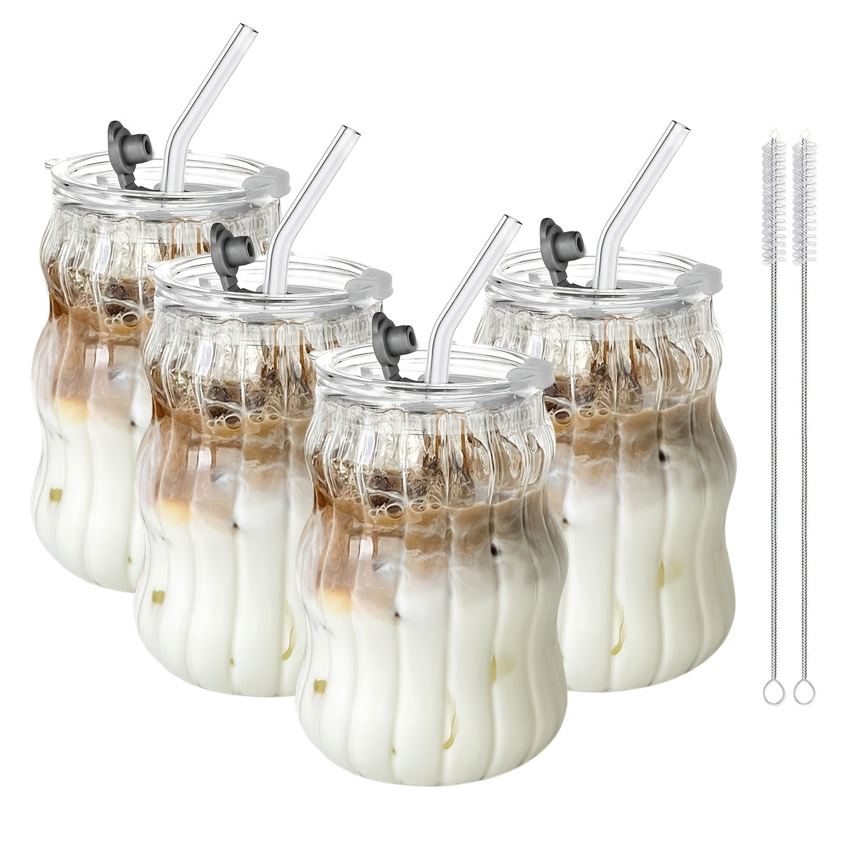Cloud Design Borosilicate Glass Cups with Straws 18oz Set of 4 | U-Shaped Insulated BPA-Free Cold Drink Cups
