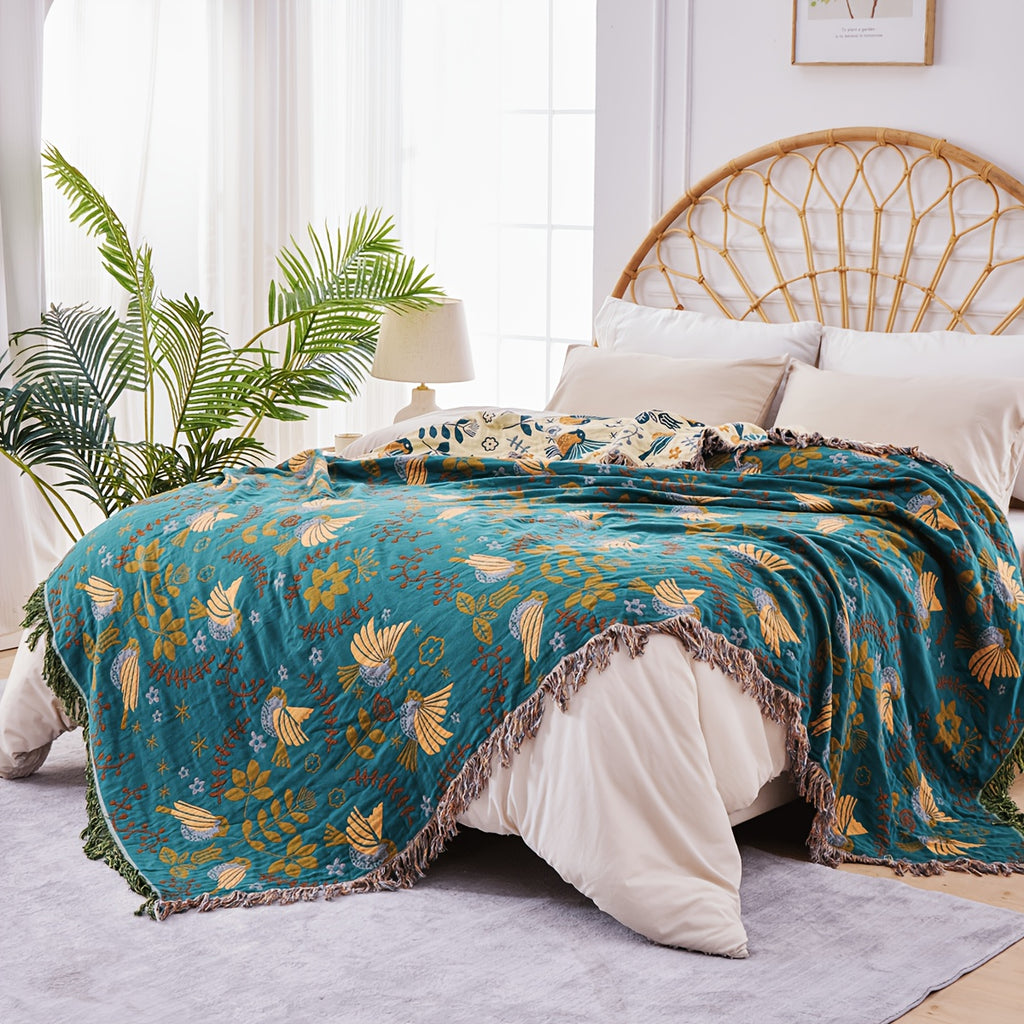 Bird Floral Cotton Throw Blanket Twin Queen King – 100% Cotton Ultra Soft Rustic Quilt, Boho Farmhouse Bed Blanket for Sofa Couch Chair, All Season