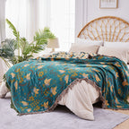 Bird Floral Cotton Throw Blanket Twin Queen King – 100% Cotton Ultra Soft Rustic Quilt, Boho Farmhouse Bed Blanket for Sofa Couch Chair, All Season