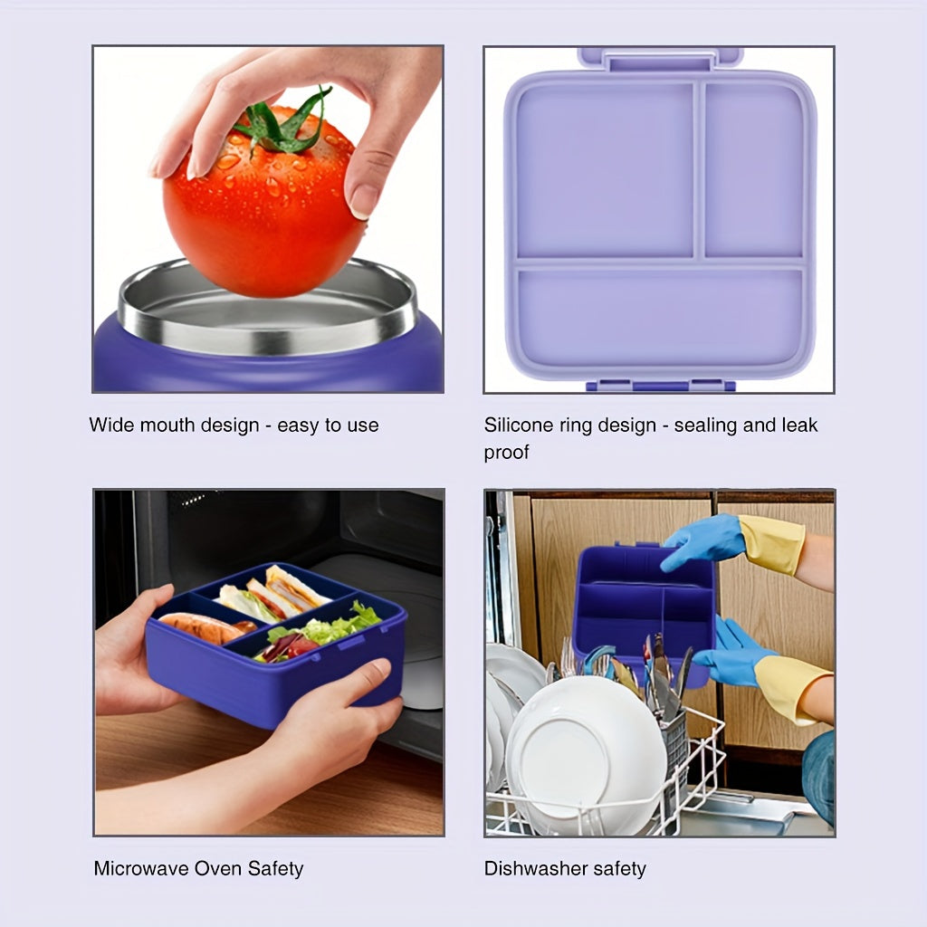Stainless Steel Insulated Lunch Container Set 8oz Thermos Food Jar with Cooling Container for Kids School Work Meal Prep Purple Green