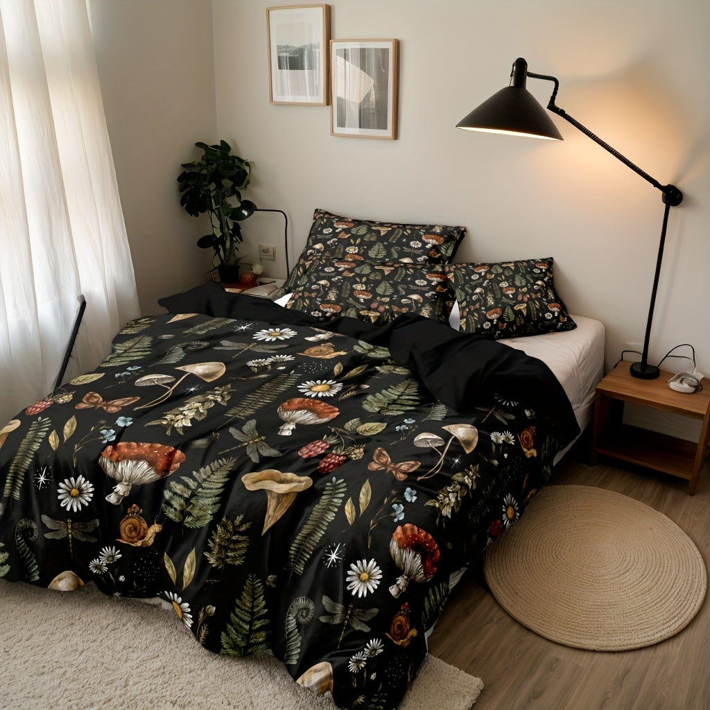 Mushroom Forest Print Duvet Cover Set 3 Piece Soft Polyester Quilt Cover with 2 Pillowcases Cottagecore Bedding Twin Full Queen King