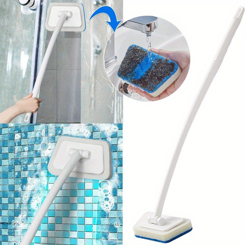 2-in-1 Bath Scrubber & Squeegee 16-Piece Cleaning Brush System with 22" Handle – 90° Rotating Head, Replaceable Sponge, Nylon Bristles for Bathroom, Kitchen, Patio & Outdoor Surfaces