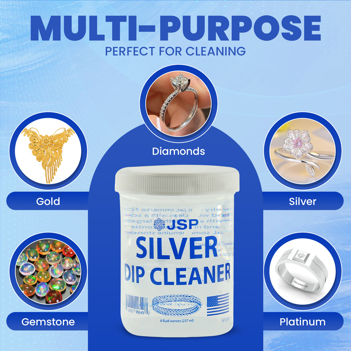 Silver Jewelry Dip Cleaner Solution 8oz – JSP Silver Dip Liquid Cleaner for Rings Bracelets Necklaces Flatware