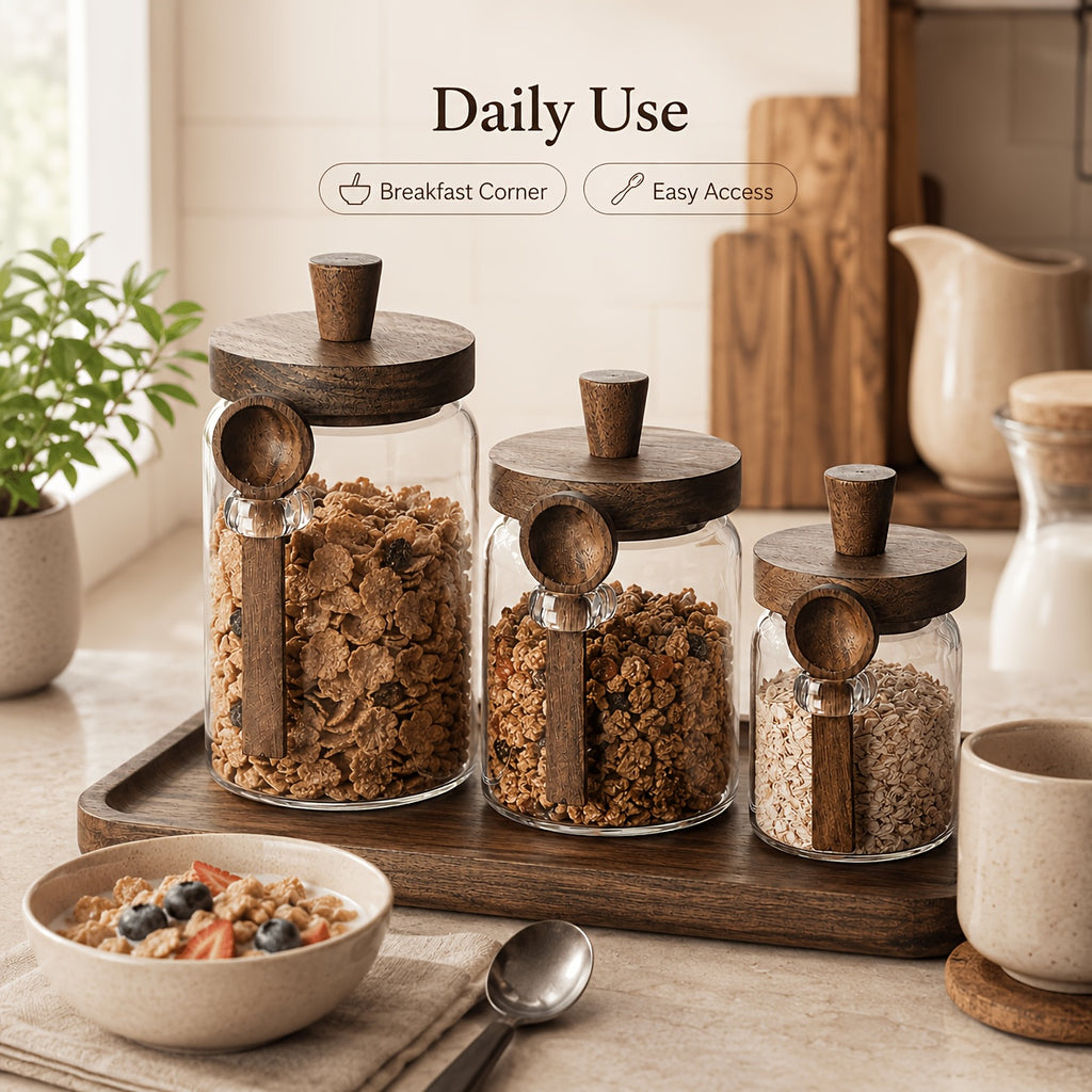 Airtight Glass Canisters Set of 3 with Spoon - Leak-Proof Kitchen Storage Jars for Coffee, Sugar, Flour & Tea, Round Glass Jars with Dark Brown Lids for Pantry & Countertop