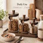 Airtight Glass Canisters Set of 3 with Spoon - Leak-Proof Kitchen Storage Jars for Coffee, Sugar, Flour & Tea, Round Glass Jars with Dark Brown Lids for Pantry & Countertop