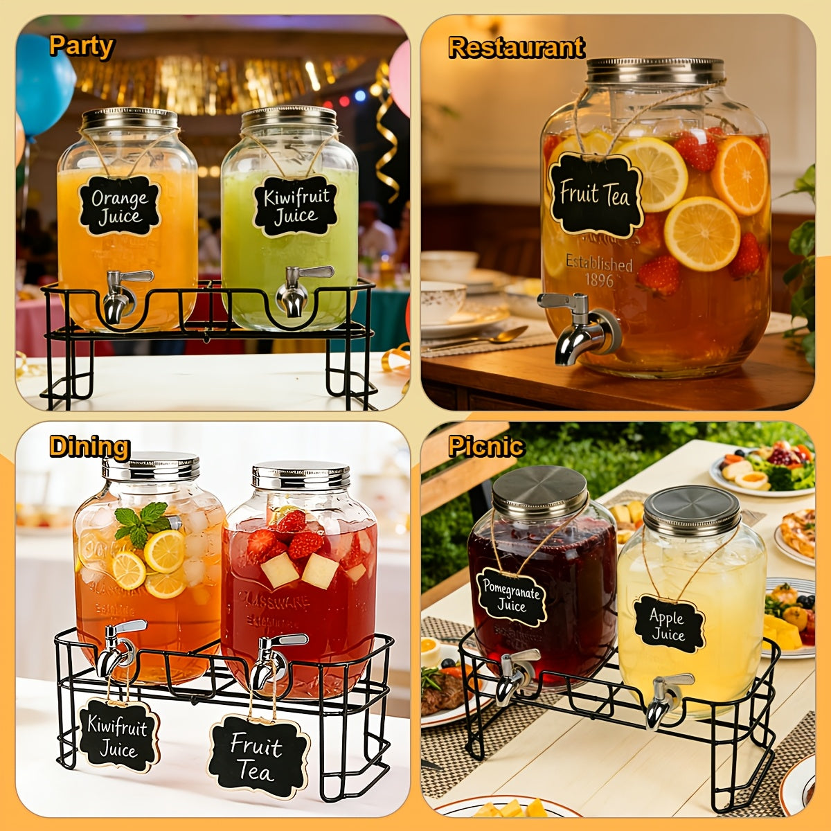 2-Pack Glass Beverage Dispenser with Fruit Infuser, Ice Cylinder & Stainless Steel Spigot – 1 Gallon Lemonade Drink Dispenser for Parties, BBQ, Weddings & Picnics