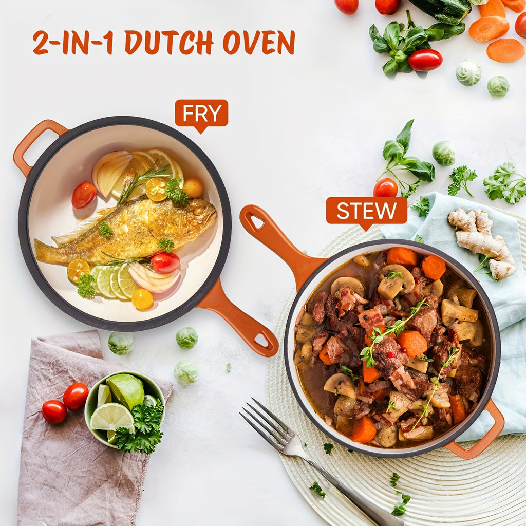 2-in-1 Enameled Cast Iron Dutch Oven Set – 3QT Pot + 1.5QT Skillet Lid, 3 Colors, Indoor Outdoor Frying Baking Stewing Grilling