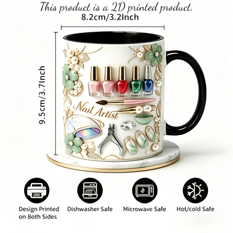 Nail Polish Ceramic Coffee Mug 11oz – Funny 3D Effect Manicure Cup, Two-Color Handle, Dishwasher Safe, Gift for Nail Techs & Beauty Lovers, Home Office Decor