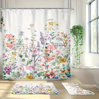 Wildflower Shower Curtain Set 4 Piece – Watercolor Lavender Lilac Floral Bathroom Decor with Non-Slip Mat, Toilet U-Shape Mat & Lid Cover + 12 Hooks | Botanical Bath Set