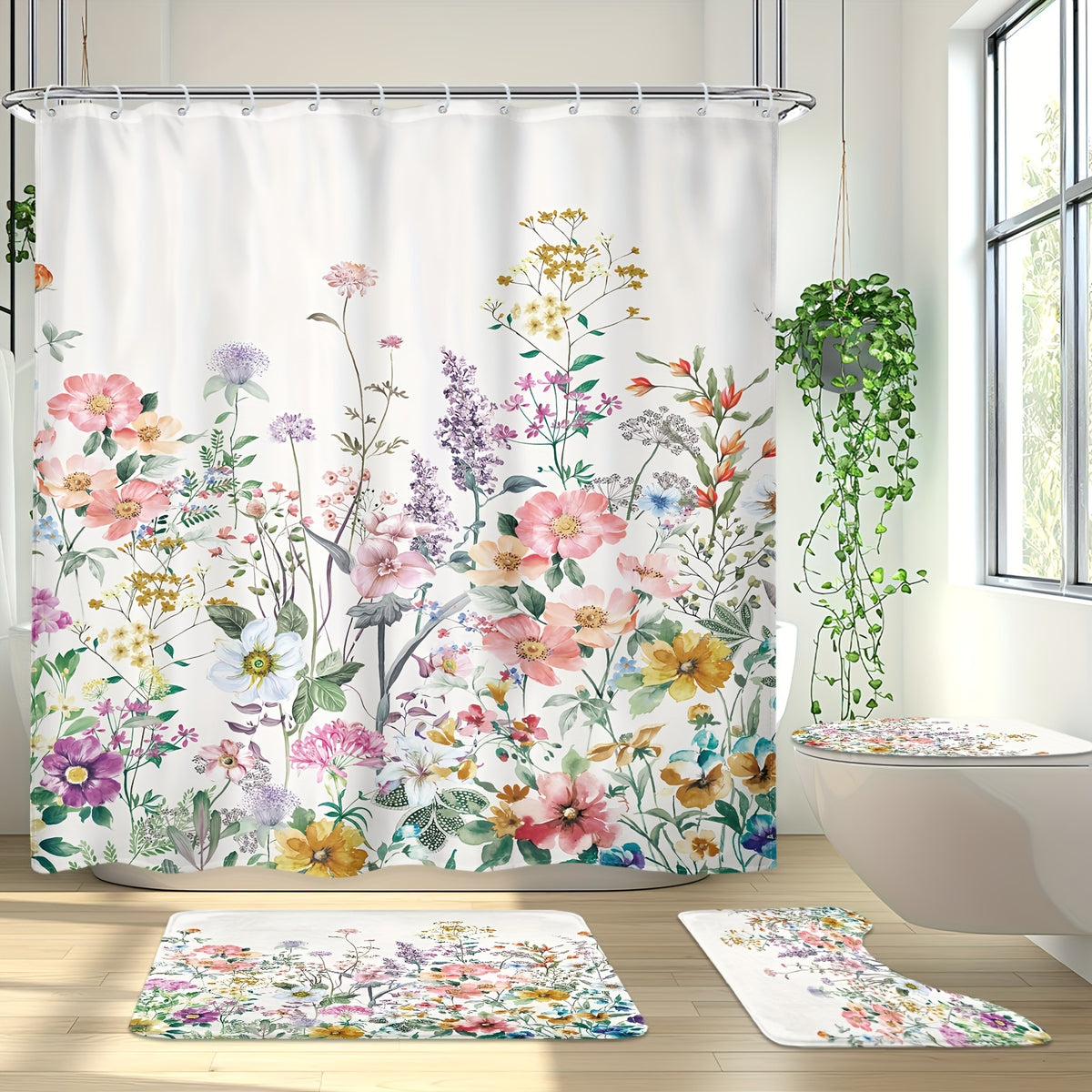 Wildflower Shower Curtain Set 4 Piece – Watercolor Lavender Lilac Floral Bathroom Decor with Non-Slip Mat, Toilet U-Shape Mat & Lid Cover + 12 Hooks | Botanical Bath Set