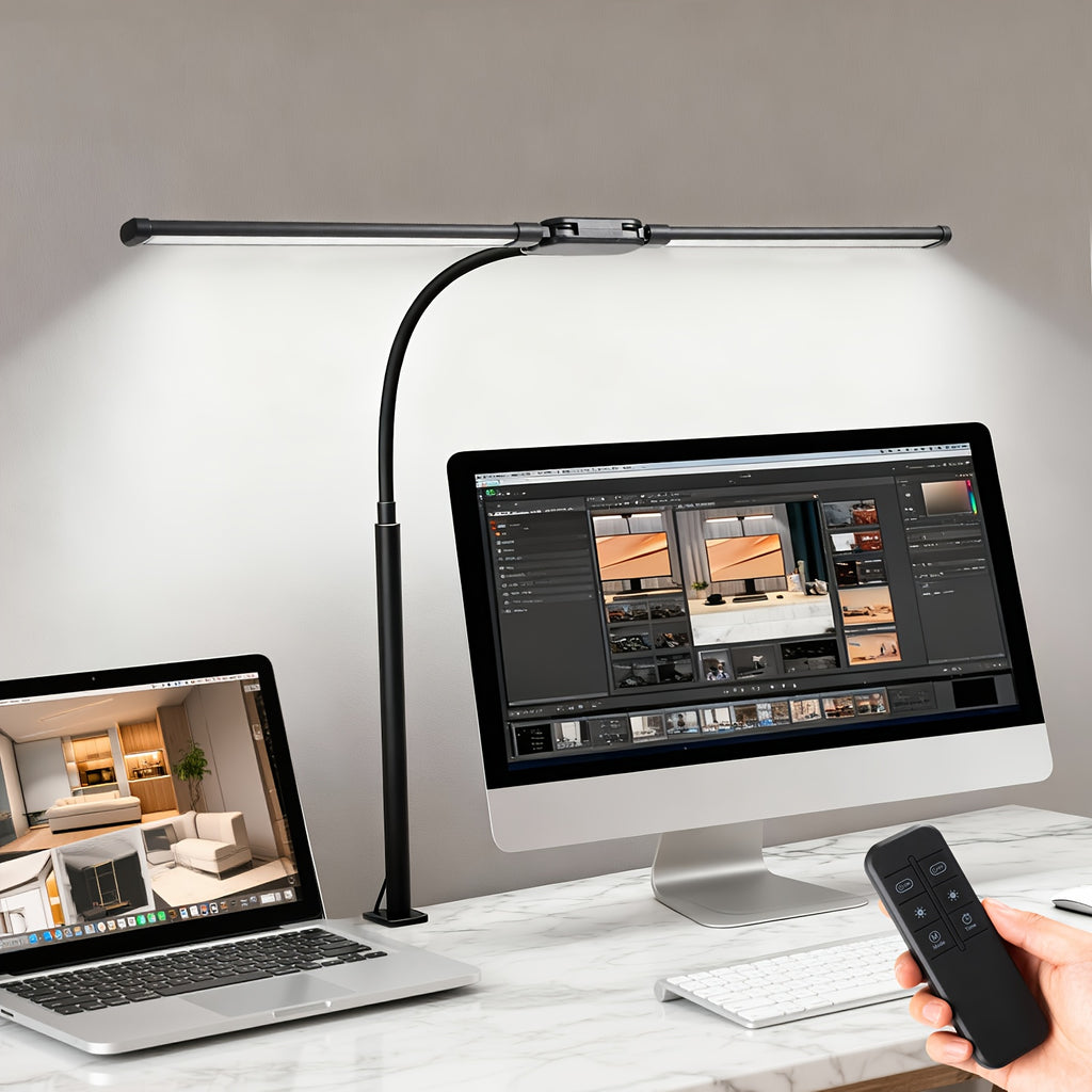 Dual-Head LED Desk Lamp Foldable Gooseneck with Remote – 3 Color Temperatures 10 Brightness Levels USB Powered Eye-Care Office & Bedroom Study Lamp with Clip