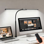 Dual-Head LED Desk Lamp Foldable Gooseneck with Remote – 3 Color Temperatures 10 Brightness Levels USB Powered Eye-Care Office & Bedroom Study Lamp with Clip