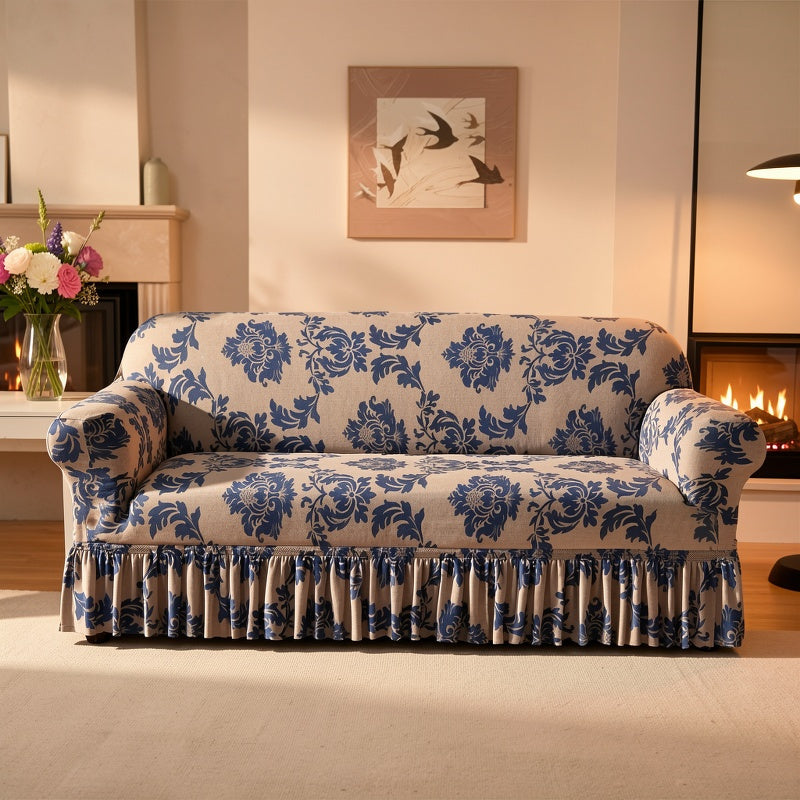 Printed Skirt Design Sofa Cover with Anti-Slip Fixing Rods – High Elasticity Four-Season Fiber Slipcover Keeps Sofa Neat & Beautiful