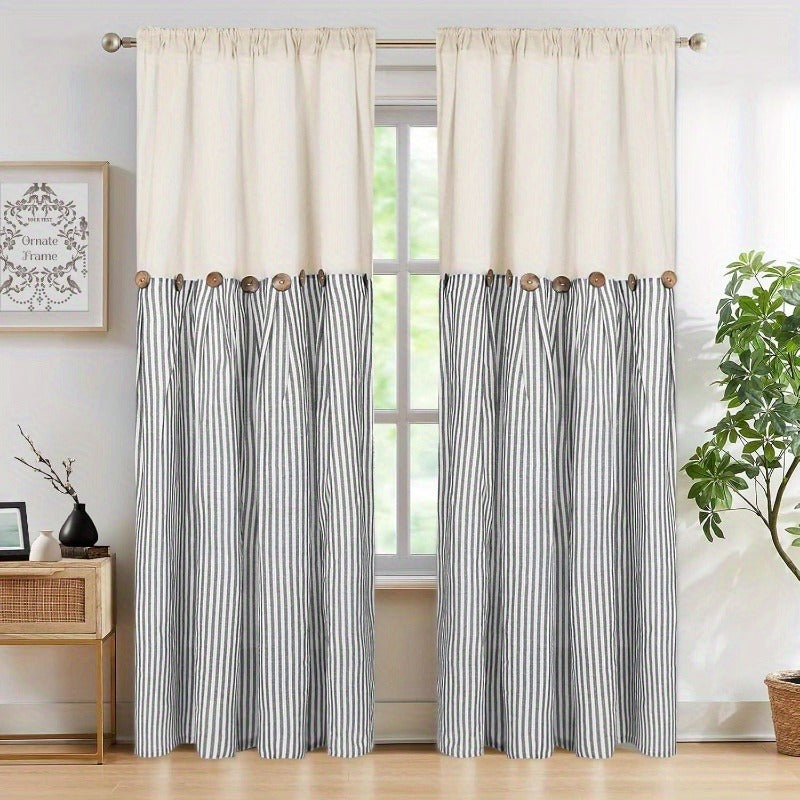 Striped Patchwork Semi-Sheer Rod Pocket Curtains – Bohemian Tiered Window Panels for Bedroom, Living Room, Kitchen, Bathroom & Cafe | 1 or 2 Pcs