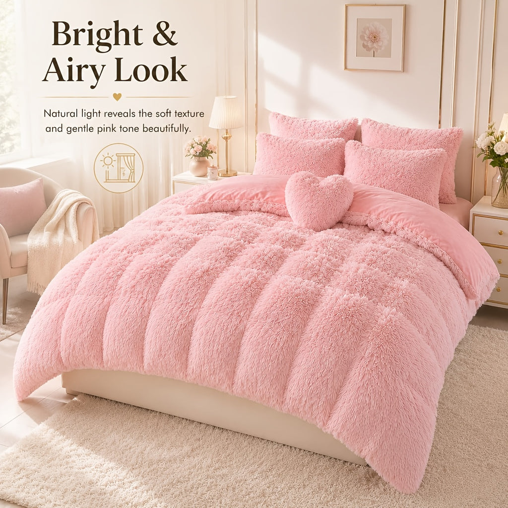 Luxury Fluffy Plush Bedding Set – Soft Duvet Cover, Pillowcases & Throw Pillow, Queen/King, All-Season