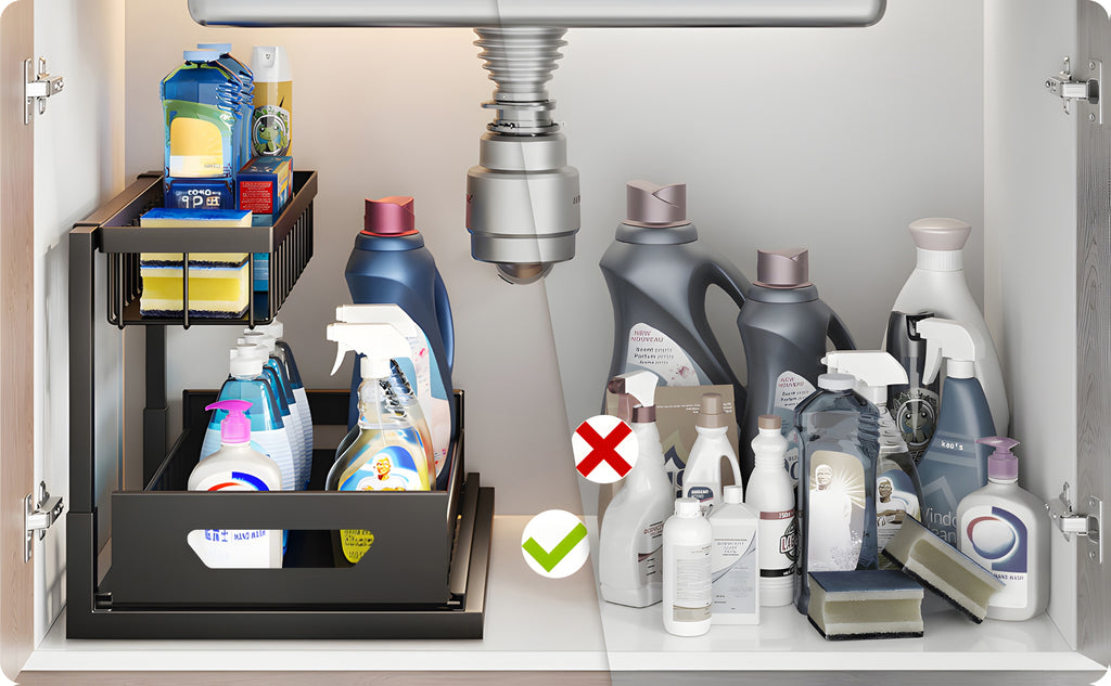 Under Sink Organizer 2-Pack 2-Tier Slide-Out Pull-Out Cabinet Shelf - Heavy Duty Carbon Steel with Adjustable Compartments for Kitchen, Bathroom, Pantry & Closet Organization