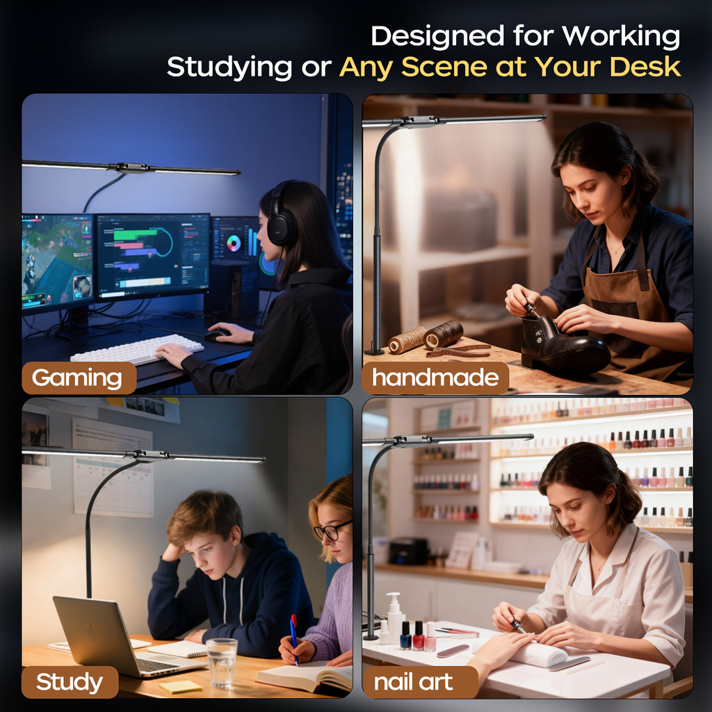 Dual-Head LED Desk Lamp Foldable Gooseneck with Remote – 3 Color Temperatures 10 Brightness Levels USB Powered Eye-Care Office & Bedroom Study Lamp with Clip