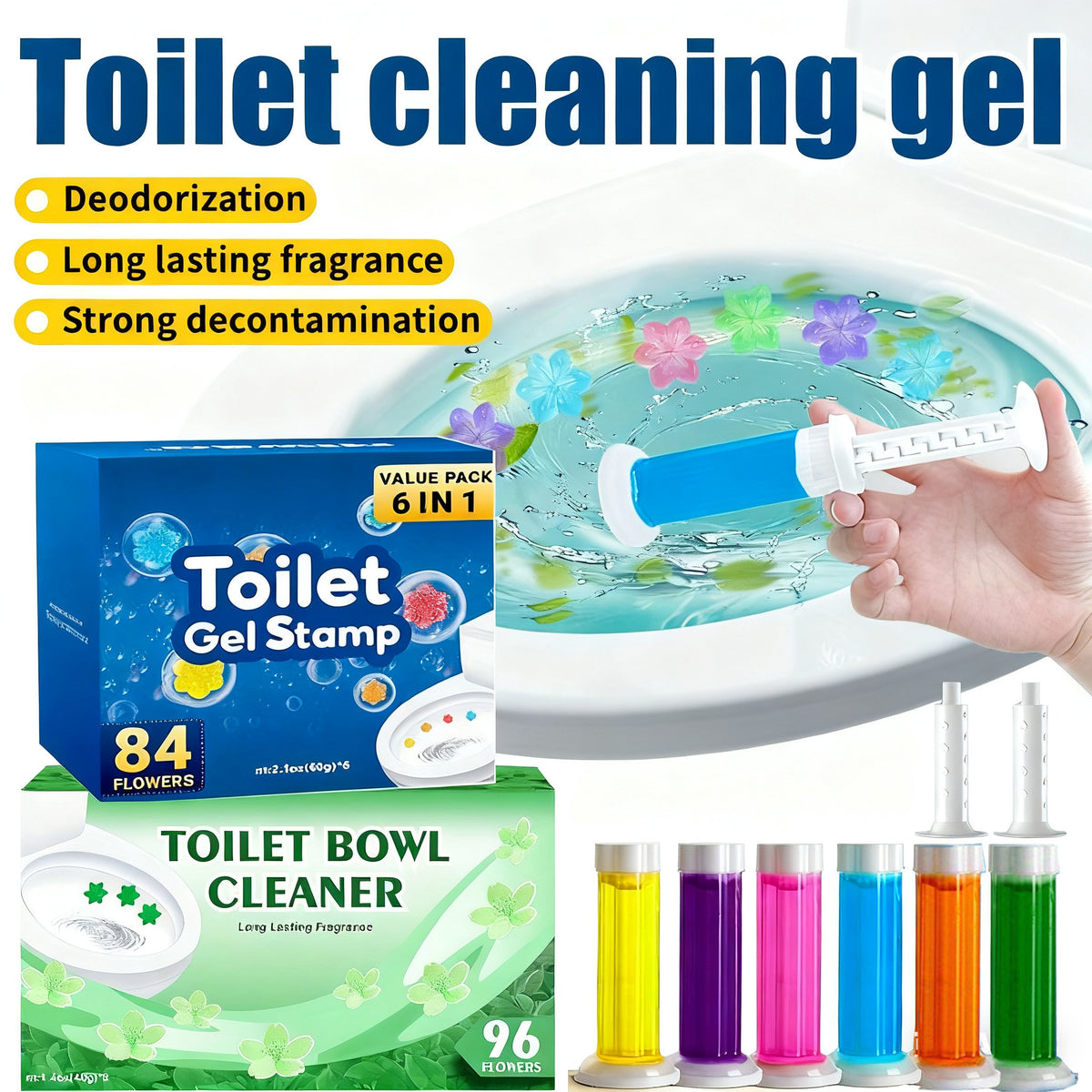 Toilet Cleaning Gel Stamps with Dispenser & Air-Freshening Fragrance – 8 Pieces / 96 Gel Patterns Toilet Bowl Cleaner for Ceramic Surfaces, Bathrooms & Kitchens
