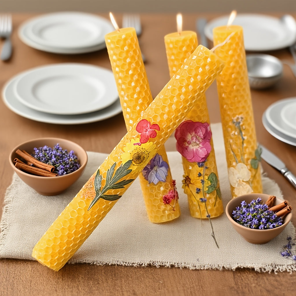 Floral Cone Shaped Decorative Candles 4 Pack 10 Inch Cylindrical Beeswax Taper Candles for Holiday Parties Valentine's Day Mother's Day Wedding Table Centerpiece Home Decor Gift