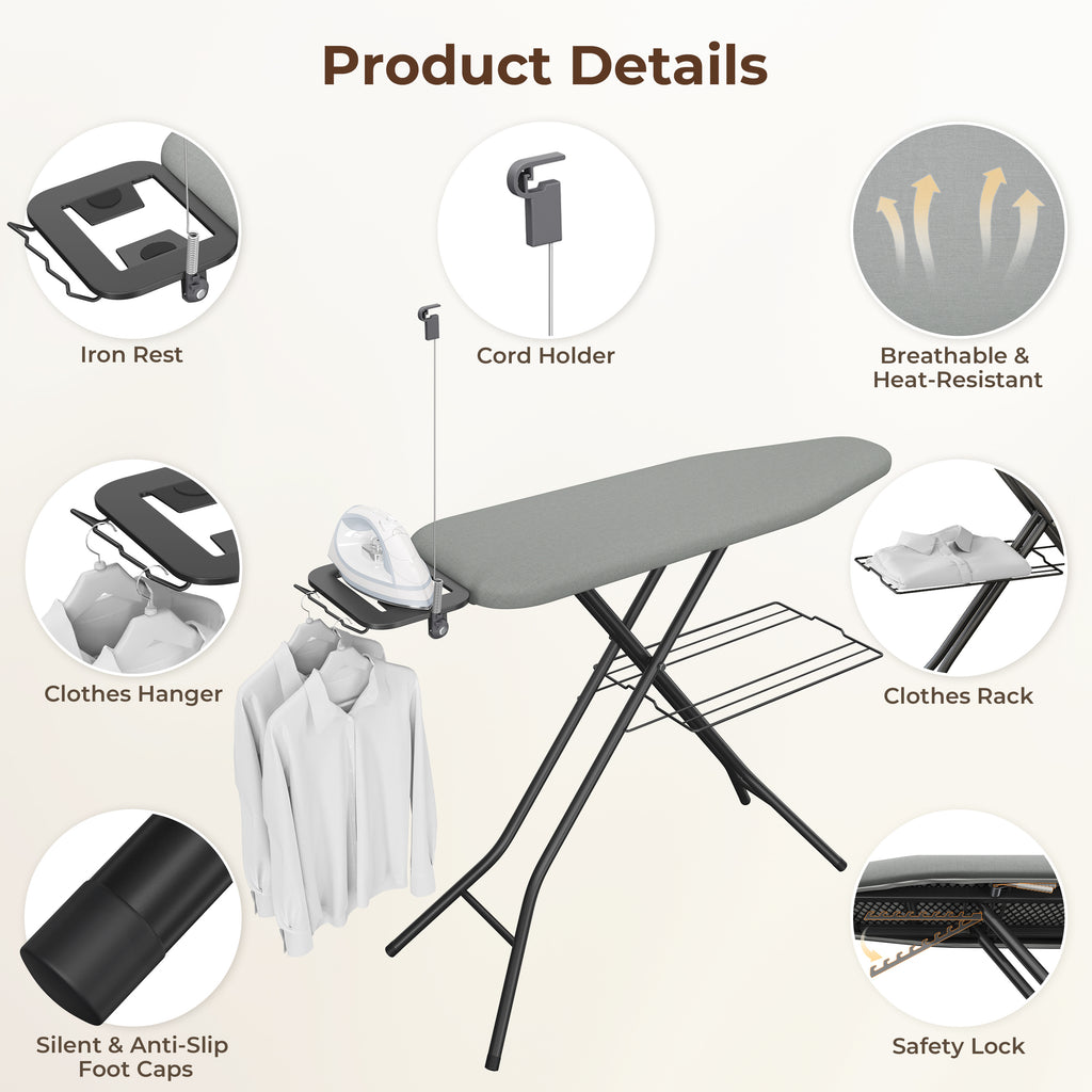 Full-Size Foldable Ironing Board Height-Adjustable – Heavy-Duty Steel Legs, 4-Layer Padding, Iron Rest, Cord Holder & Storage Rack for Laundry Room, Living Room & Dorm | Beige & Gray