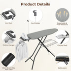 Full-Size Foldable Ironing Board Height-Adjustable – Heavy-Duty Steel Legs, 4-Layer Padding, Iron Rest, Cord Holder & Storage Rack for Laundry Room, Living Room & Dorm | Beige & Gray