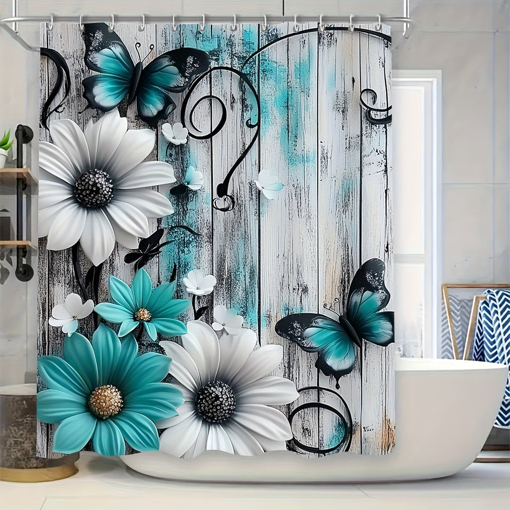 4pcs Floral Butterfly Shower Curtain Set Teal White with 12 Hooks Bath Rug - 2D Print Bathroom Decor Gift for Women Men Home Decoration | Nuvia Haven
