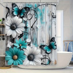4pcs Floral Butterfly Shower Curtain Set Teal White with 12 Hooks Bath Rug - 2D Print Bathroom Decor Gift for Women Men Home Decoration | Nuvia Haven
