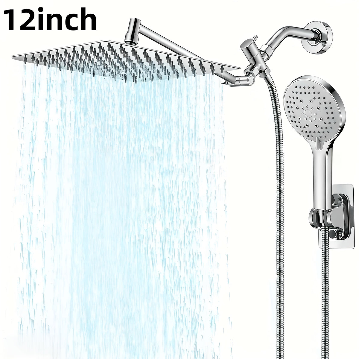 Rain Shower System with Handheld Showerhead 8/10/12 Inch Rainfall Head, All-Metal T-Splitter, 13-Inch Arm, 78-Inch Hose, 6-Function Spray Settings & Anti-Clogging Nozzle – Chrome & Black