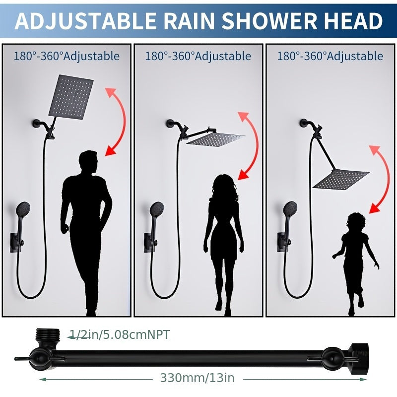 3-Way Rain Shower Head System Dual Heads with Handheld Spray High Pressure Extension Arm 8 10 12 Inch Black Chrome