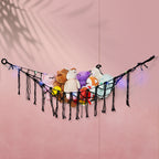 Stuffed Animal Storage Hammock with Star Lights – Corner Mesh Toy Organizer with Hooks for Kids Room, Bedroom & Nursery | White, Black & Pink