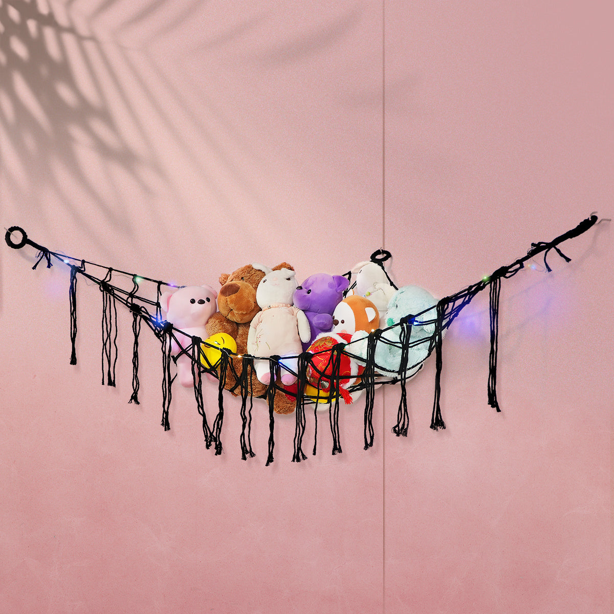 Stuffed Animal Storage Hammock with Star Lights – Corner Mesh Toy Organizer with Hooks for Kids Room, Bedroom & Nursery | White, Black & Pink