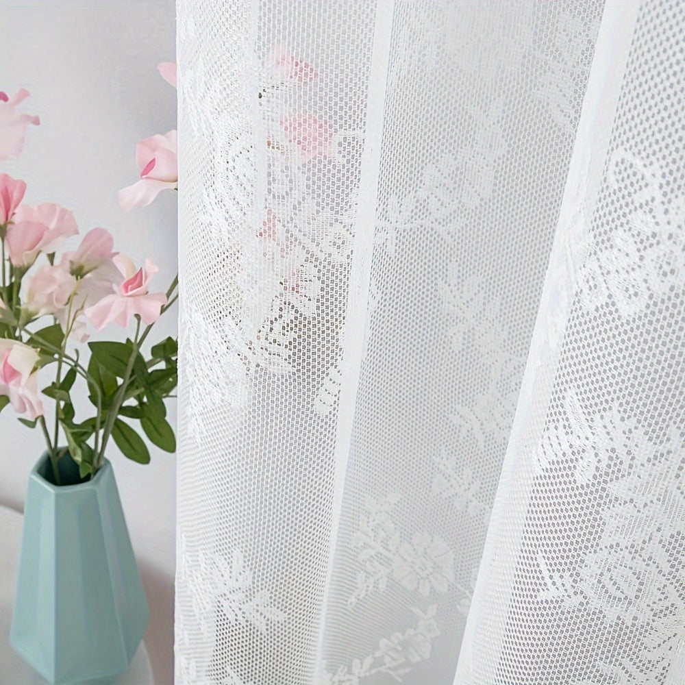 Vintage Floral Lace Sheer Curtains 2 Panels - Yarn-Dyed Dotted Netting Rustic Pastoral Semi-Sheer, 59" Wide Light Filtering Machine Washable for Living Room Kitchen Door Outdoor Wedding, White Green Black