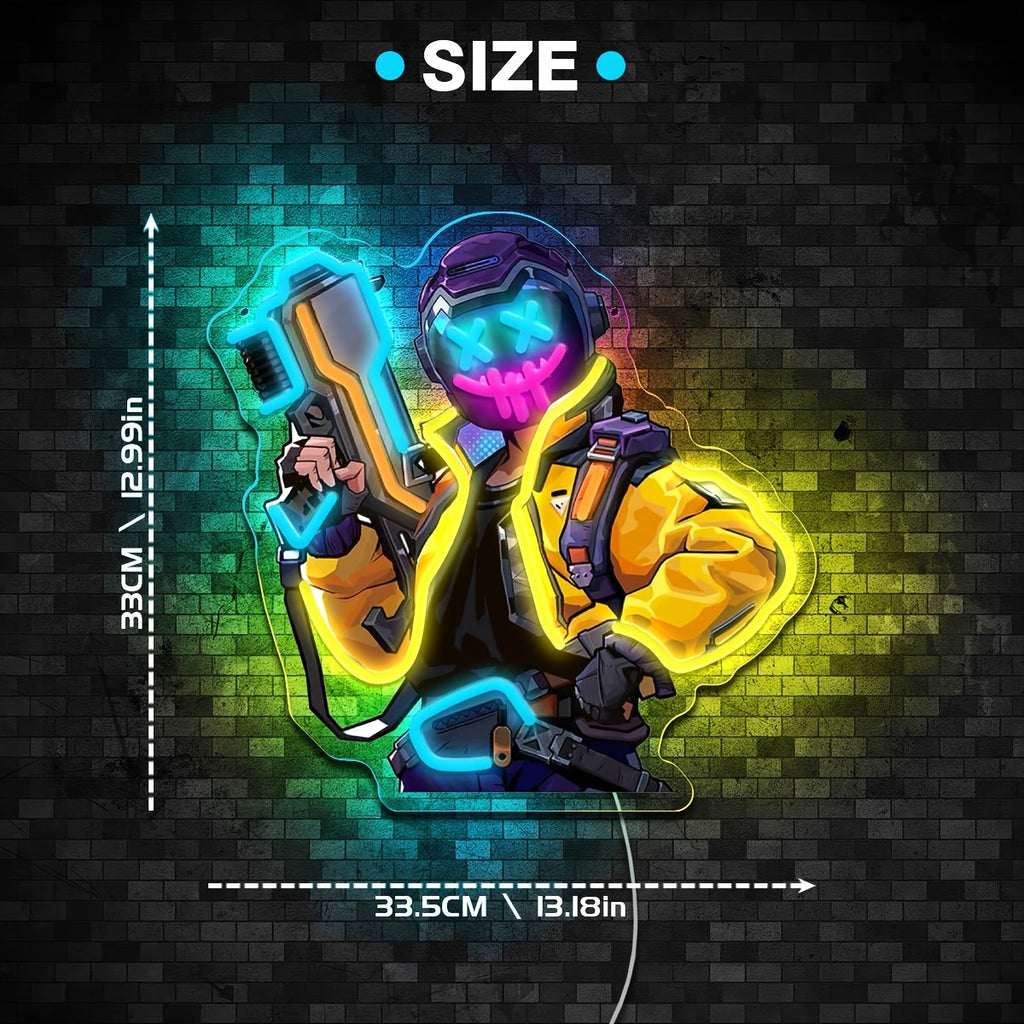 Neon Marksman LED Wall Art Sign UV Printed USB Powered – Glowing Gun Wall Decor for Game Room, Bar, Man Cave & Bedroom – Colorful or Yellow