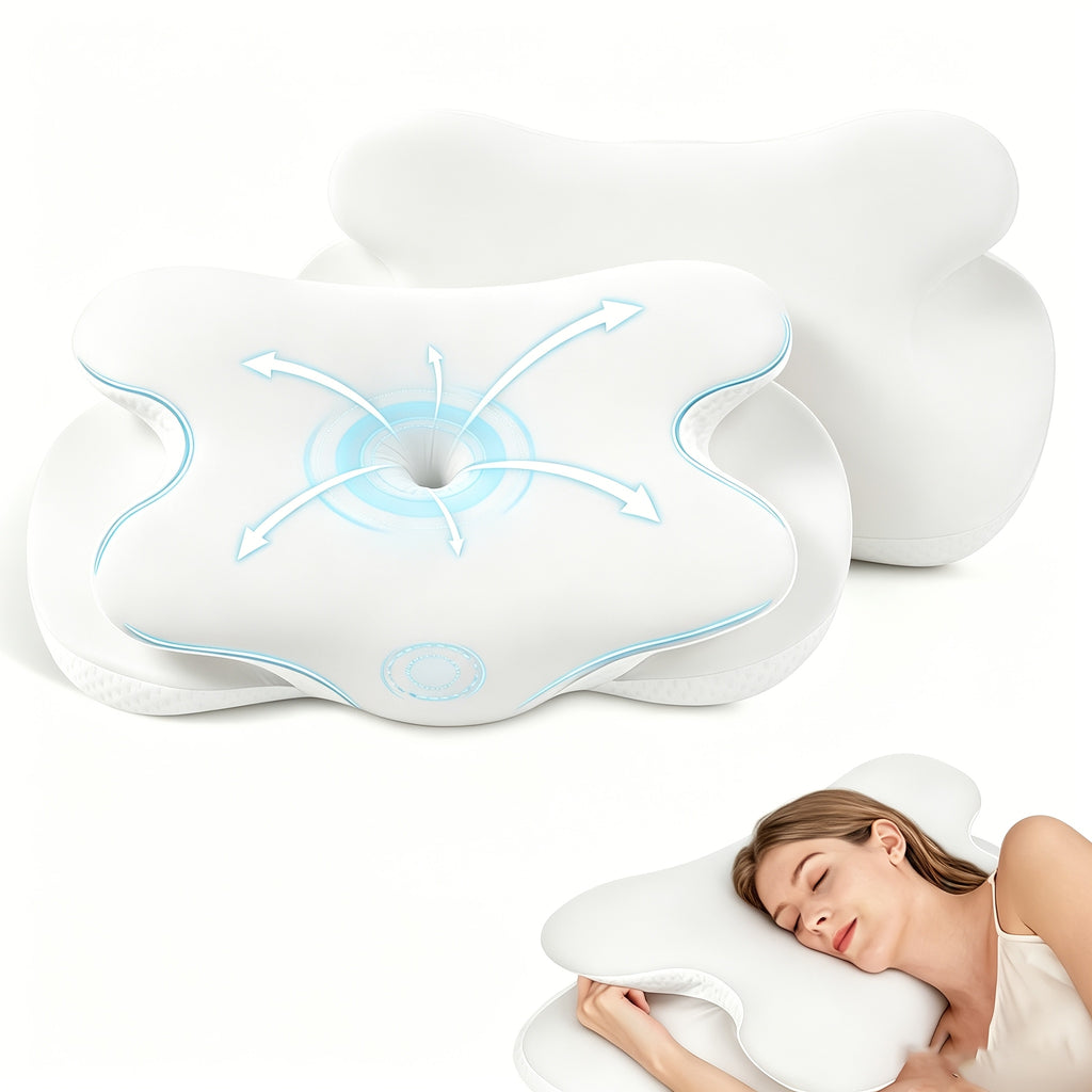 Ergonomic Cervical Memory Foam Pillow – Contour Support with Cooling Silk Cover | White & Gray