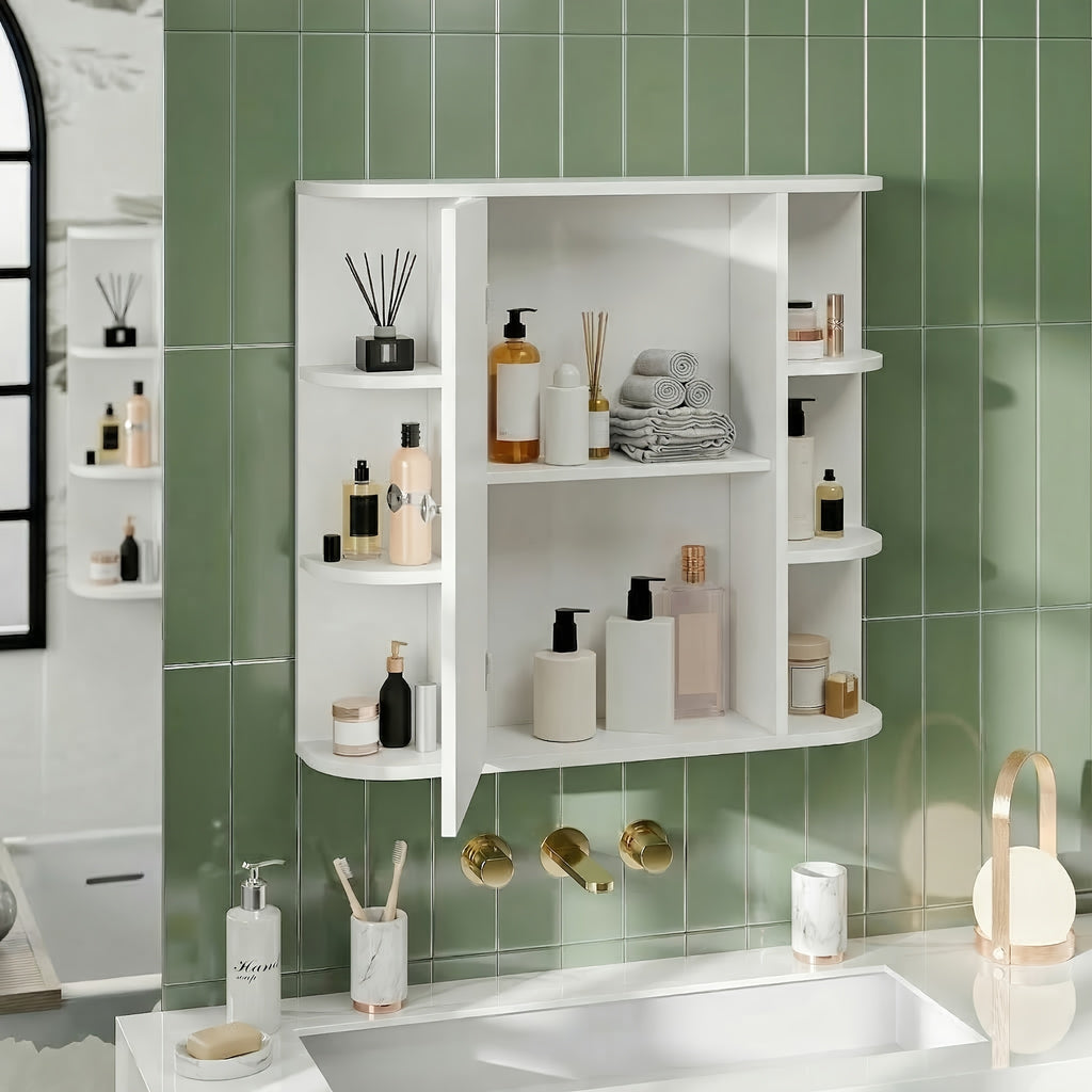 Wall Mounted Bathroom Medicine Cabinet with Mirror and 6 Open Side Shelves - White Wall Cabinet with Mirror for Bathroom Storage, Modern Medicine Cabinet Over Toilet or Vanity