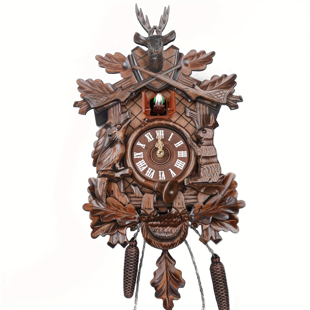 Wooden European Forest Style Cuckoo Wall Clock with Night Mode & Singing Bird – Battery Operated Handmade Carved Cuckoo Clock for Adult Bedroom, Living Room & Home Decor