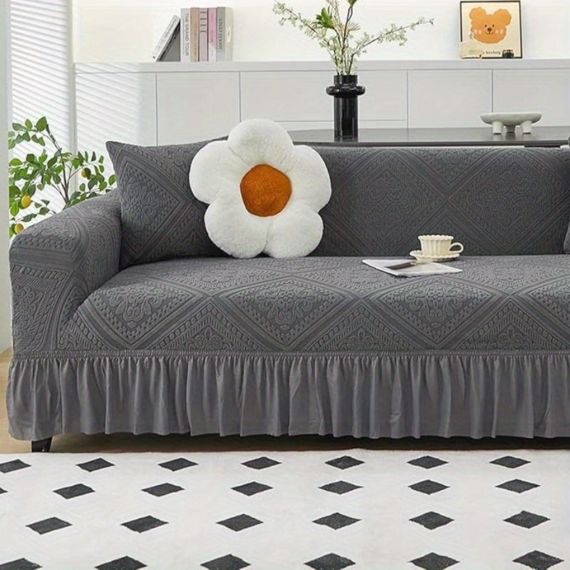 280 GSM Velvet Jacquard Sofa Cover One-Piece Full-Coverage Ruffle Detail Washable High Elastic Slipcover for 1 2 3 4 Seater L-Shape Corner Sofa Armchair Couch Protector Grey