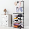 5-Tier Metal Coat Rack with 10 Double Hooks and Shoe Rack – Freestanding Entryway Hall Tree, Space-Saving Clothes Hanger Stand for Hallway, Living Room, Bedroom, Bathroom | Black