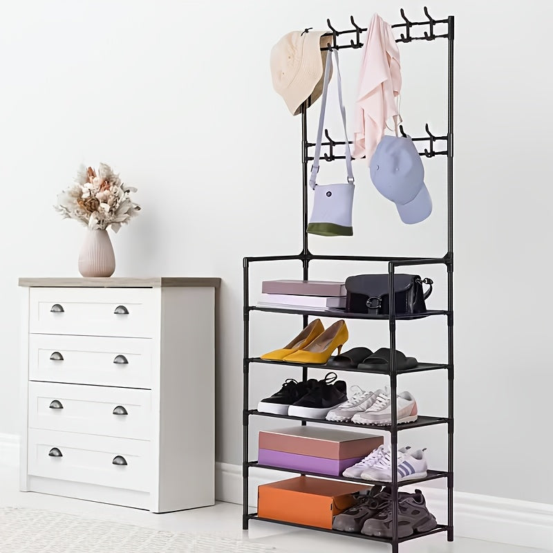 5-Tier Metal Coat Rack with 10 Double Hooks and Shoe Rack – Freestanding Entryway Hall Tree, Space-Saving Clothes Hanger Stand for Hallway, Living Room, Bedroom, Bathroom | Black
