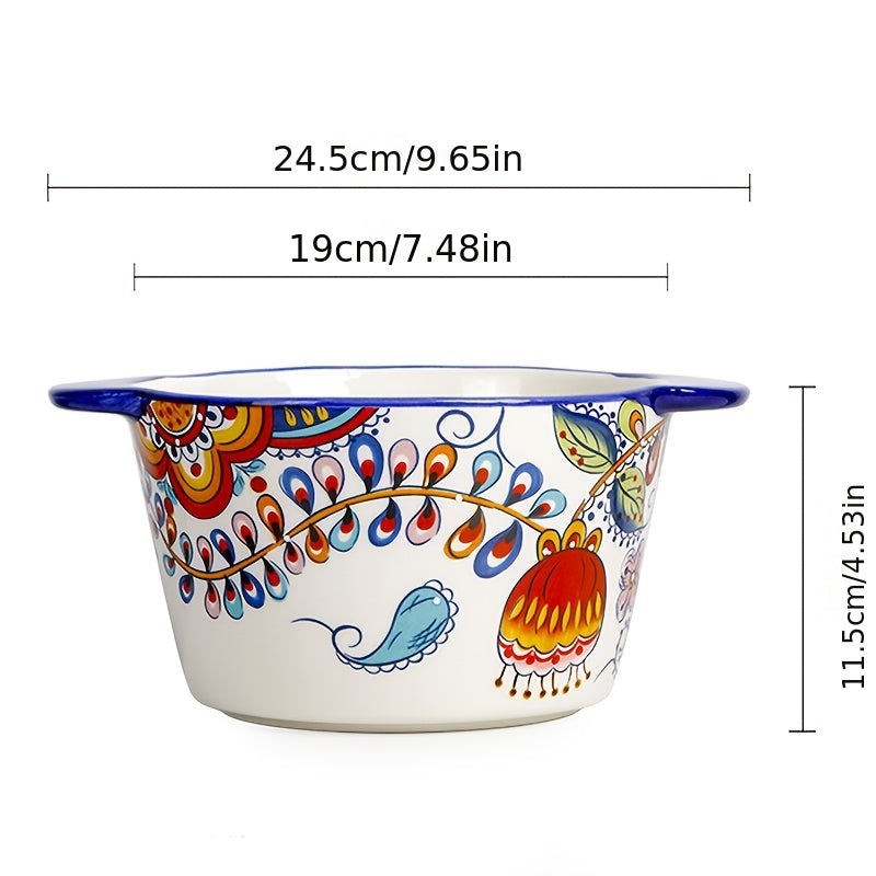 Giant Bohemian Hand-Painted Ceramic Bowl with Handles 101oz – Extra Large Microwave Oven Dishwasher Safe Serving Bowl for Soup, Salad & Family Dining – 2 or 4 Piece Set