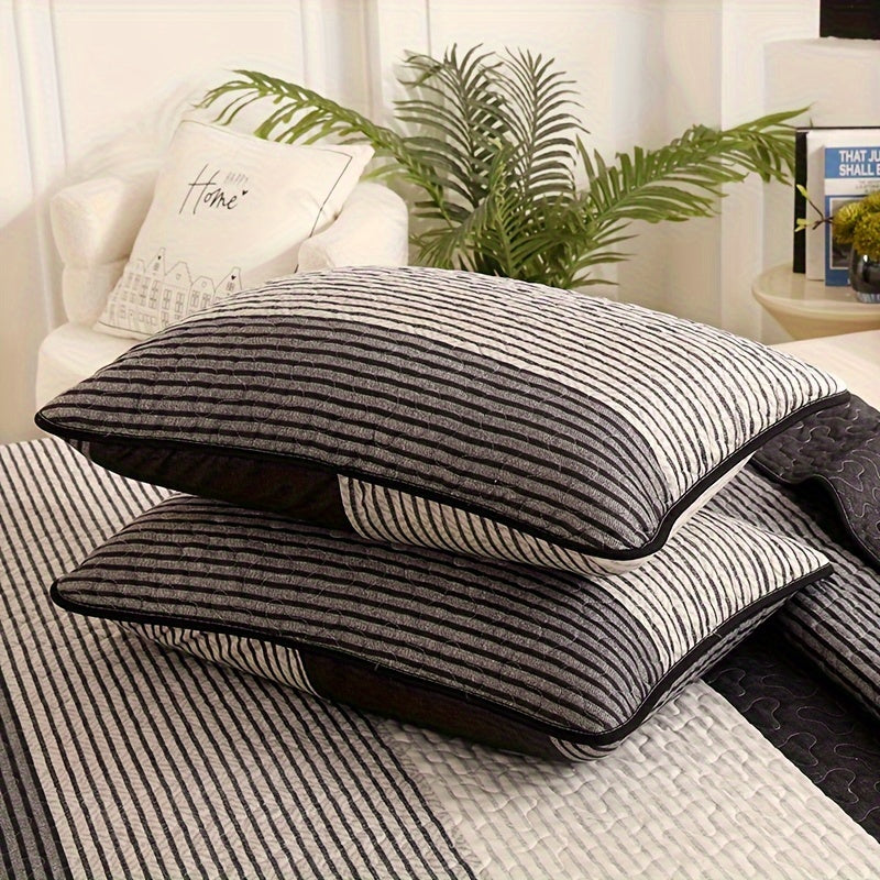Striped Quilted Coverlet Set 3 Piece – Brushed Soft Warm Black Grey White Bedspread with 2 Pillowcases for Bedroom & Guest Room, No Insert