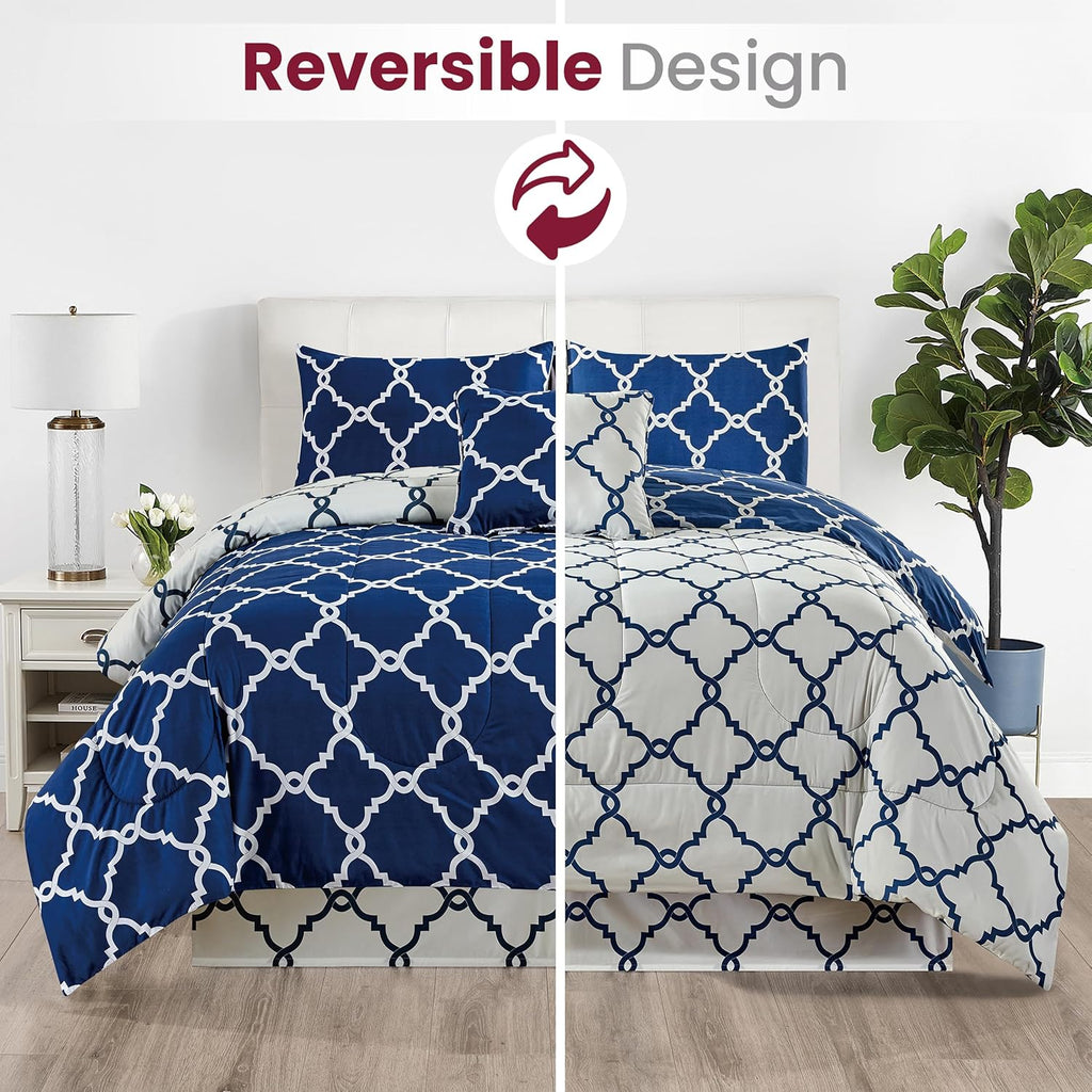 5-Piece Comforter Set – Reversible Quilted Down Alternative Bedding Set with Pillow Shams, Bed Skirt & Cushion | All Season | Twin, Queen, King
