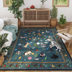 Boho Cat Print Area Rug Low Pile Non-Slip Floral Vintage Indoor Carpet for Living Room Bedroom Dining Room Runner Round Large