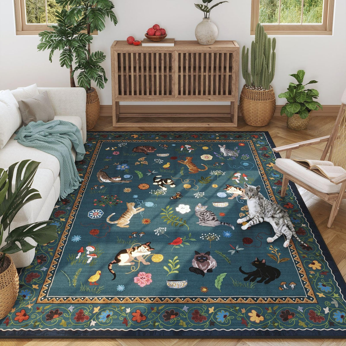 Boho Cat Print Area Rug Low Pile Non-Slip Floral Vintage Indoor Carpet for Living Room Bedroom Dining Room Runner Round Large
