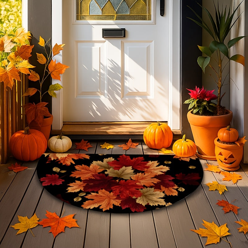 Fall Leaves Doormat Half-Round Non-Slip Indoor Outdoor, Red Orange Gold Autumn Leaf Design for Entryway Front Door Kitchen, 2 Sizes Thanksgiving Home Decor