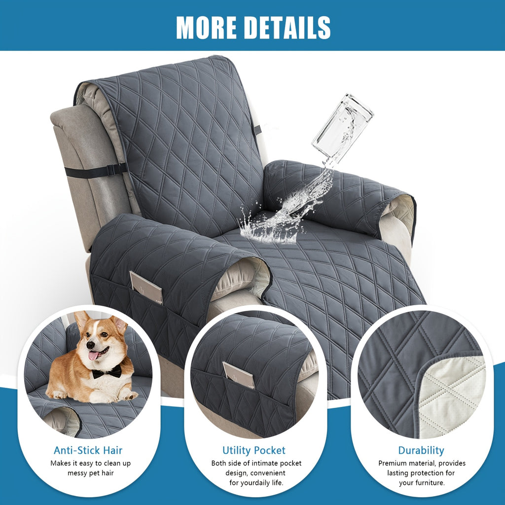 Quilted Recliner Sofa Cover Anti-Slip Wear-Resistant 4-Layer Fabric Dual Side Pockets Machine Washable Pet Home Bedroom Living Room 10 Colors 2 Sizes