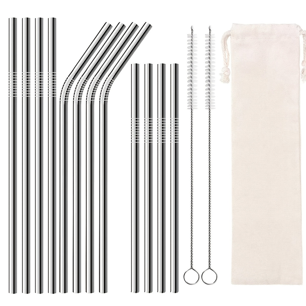 Reusable Stainless Steel Straws Set of 12 Extra Long 10.5 Inch with Cleaning Brushes - Metal Straws for Cold Drinks, Cocktails, Smoothies & Iced Coffee, Eco Friendly Drinking Straws
